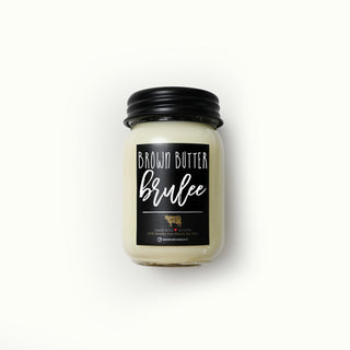 Candle jar labeled 'Brown Butter Brulee' on a white background