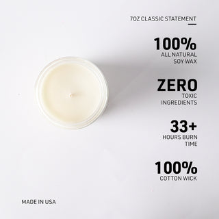 A 7oz soy candle in a clear round jar on a light gray background, with text highlighting key product features: 100% natural soy wax, zero toxic ingredients, 33+ hours burn time, and 100% cotton wick. 'Made in USA' is printed in the lower left.
