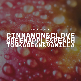 Apple with water droplets in the background and text overlay listing apple strudel scent notes of cinnamon & clove, green apple & peach, and tonka bean & vanilla
