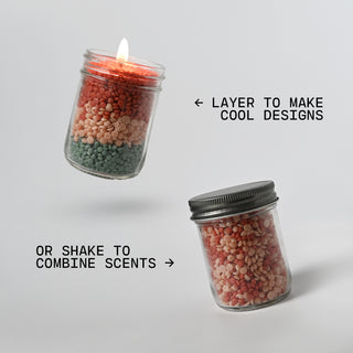 Two jars with layered colorful soy wax beads and text on a gray background