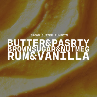 Text overlay on a pumpkin puree background with flavor description