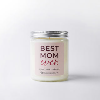 Candle jar with 'Best Mom ever' label on a white background