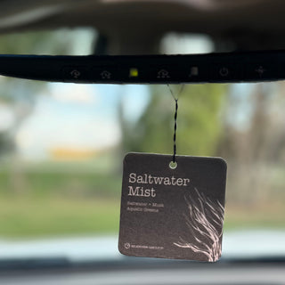 A square car air freshener tag labeled 'Saltwater Mist' hanging from a black car dashboard controller. The tag is dark brown with white text and a white seaweed illustration, set against a blurred background of a car interior and outdoor scenery.