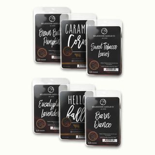 Set of six wax melt packages with various scents on a white background