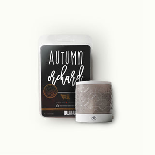 Wax warmer with wax melts labeled 'Autumn Orchard' on a white background