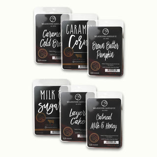 Set of six wax melts with white text on a white background