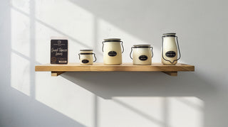 all the different sizes of the creamery collection on a shelf 