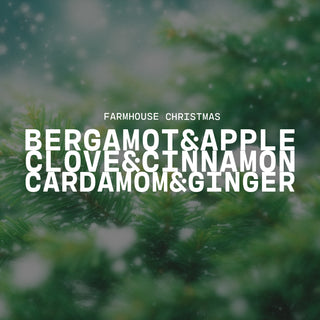 Text overlay on a blurred green background with Christmas scents listed