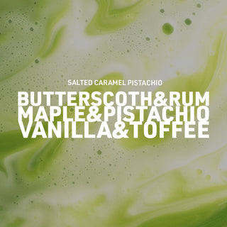 Text overlay on a green and white marbled background with flavor options.