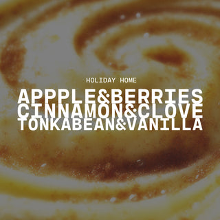 Close-up of a coffee with a swirling pattern, featuring text describing holiday home scents.