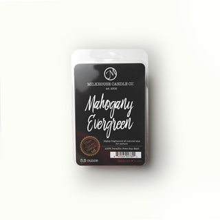 Milhouse Candle Co. wax melt packaging with 'Mahogany Evergreen' text on a white background