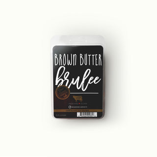 Wax melt package labeled 'Brown Butter Brulee' on a white background