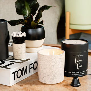 the luna and lux candle with its tube  a candle snuffer, matchesin the empty votive and a plant on a book lifestyle photo 
