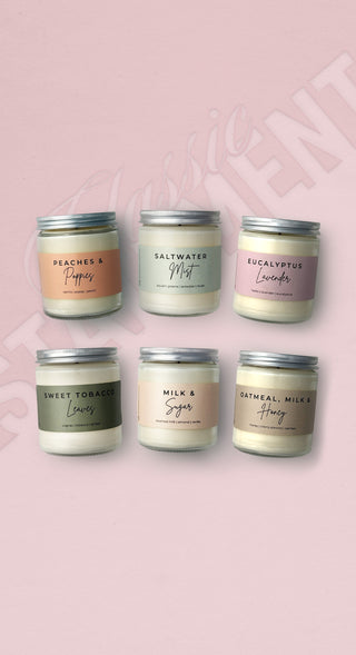 Set of candles with labels on a pink background