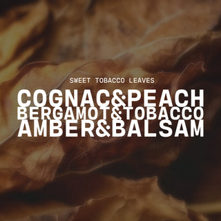 Text overlay on a background of tobacco leaves with fragrance notes.